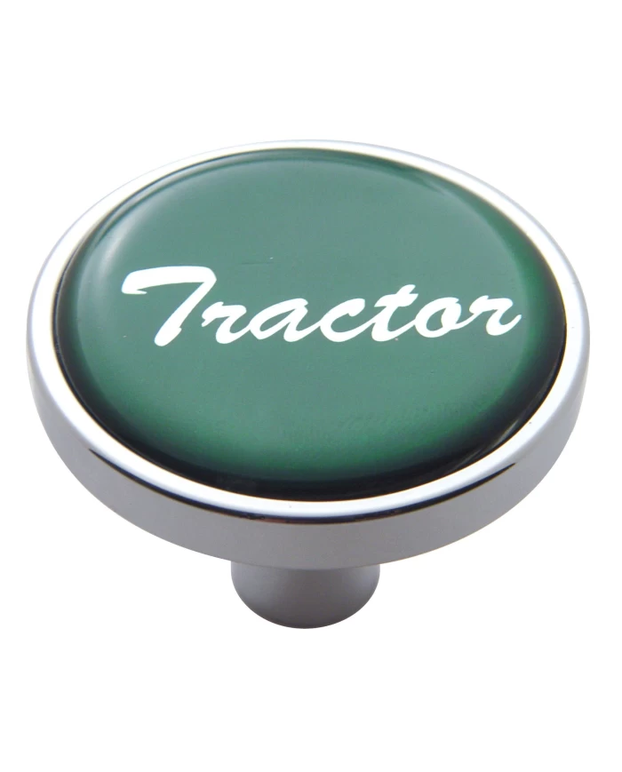 (CARD) CHROME SHORT PIN MOUNT AIR VALVE KNOB W/ GLOSSY "TRACTOR" STICKER - GREEN