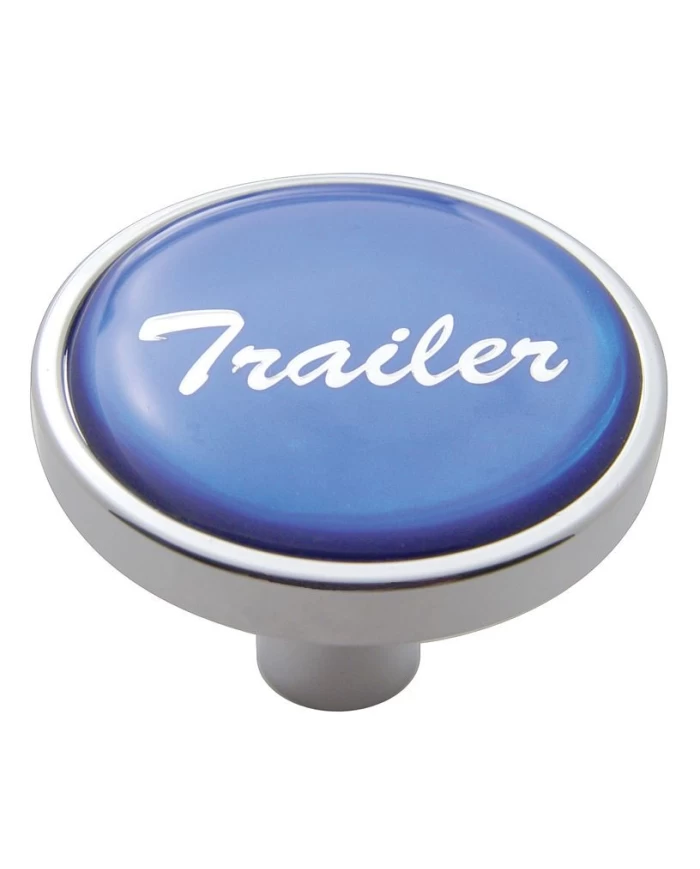 (CARD) CHROME SHORT PIN MOUNT AIR VALVE KNOB W/ GLOSSY "TRAILER" STICKER - BLUE (CARD) CHROME SHORT PIN MOUNT AIR VALVE KNOB W/ GLOSSY "TRAILER" STICKER - BLUE