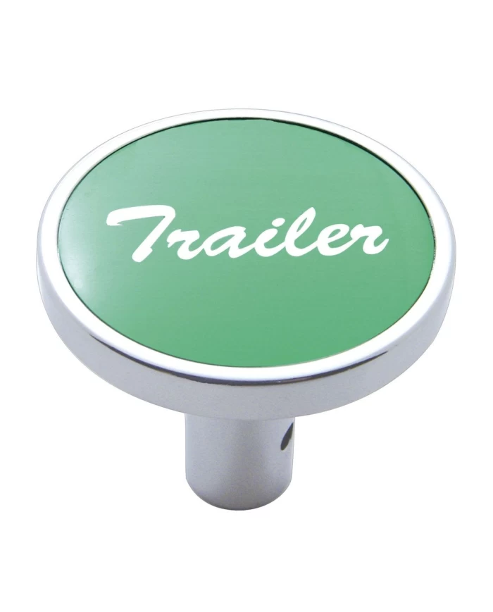 (CARD) CHROME LONG PIN MOUNT AIR VALVE KNOB W/ ALUMINUM "TRAILER" STICKER - GREEN (CARD) CHROME LONG PIN MOUNT AIR VALVE KNOB W/ ALUMINUM "TRAILER" STICKER - GREEN