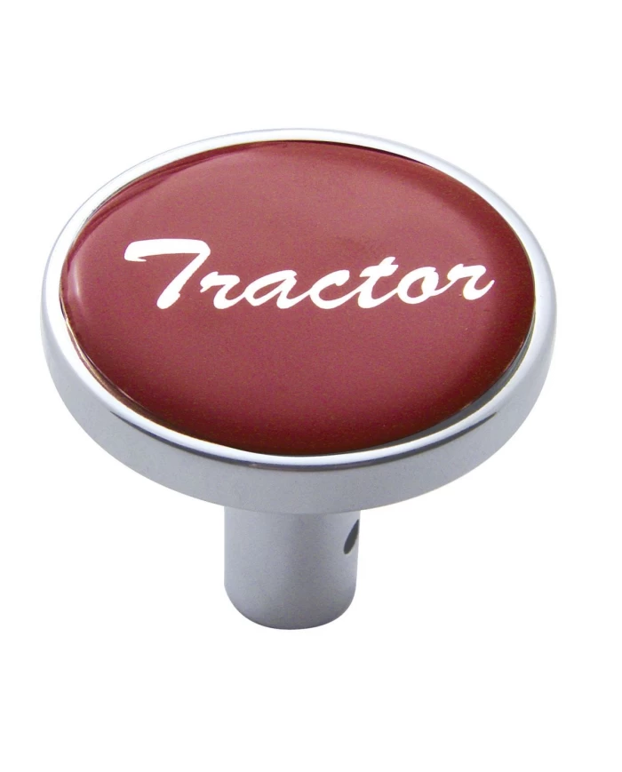 (CARD) CHROME LONG PIN MOUNT AIR VALVE KNOB W/ GLOSSY "TRACTOR" STICKER - RED