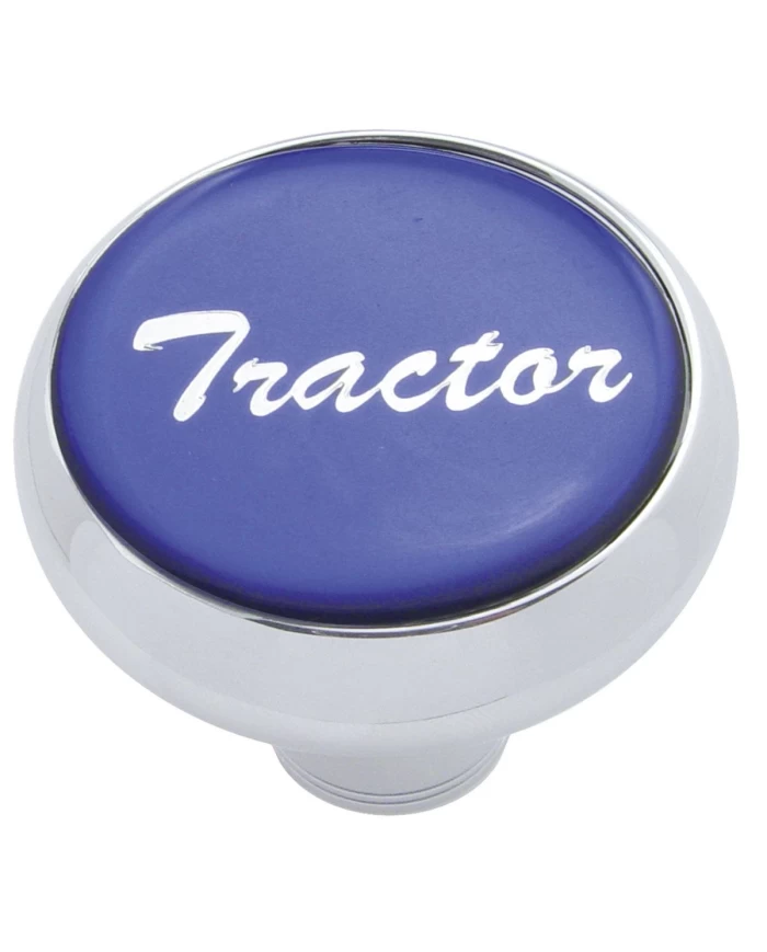 (CARD) CHROME DELUXE AIR VALVE KNOB W/ GLOSSY "TRACTOR" STICKER - BLUE