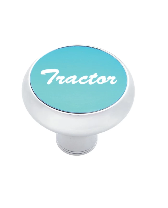(CARD) CHROME DELUXE AIR VALVE KNOB W/ ALUMINUM "TRACTOR" STICKER - BLUE