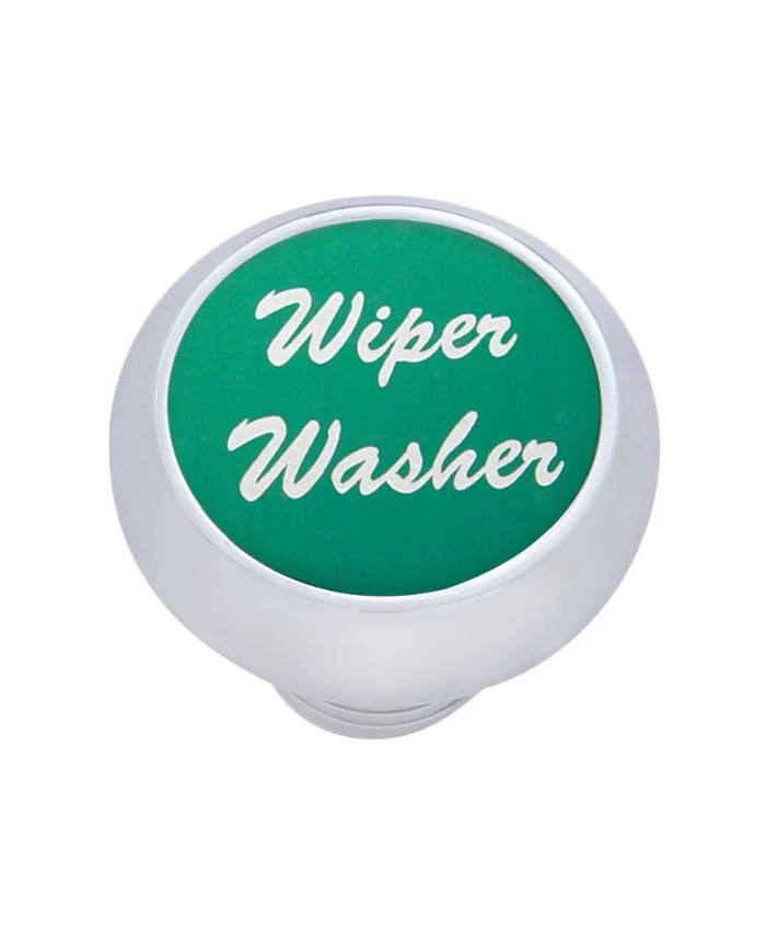 (CARD) CHROME DELUXE DASH KNOB W/ ALUMINUM "WIPER/WASHER" STICKER - GREEN