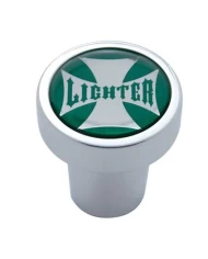 (CARD) CHROME ALUMINUM CIGARETTE LIGHTER KNOB W/ GLOSSY MALTESE CROSS - GREEN