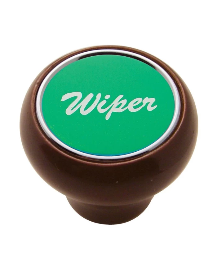 (CARD) WOOD DELUXE DASH KNOB W/ ALUMINUM "WIPER" STICKER - GREEN (CARD) WOOD DELUXE DASH KNOB W/ ALUMINUM "WIPER" STICKER - GREEN