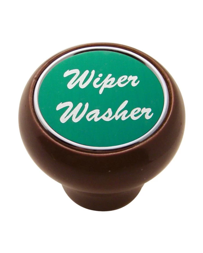(CARD) WOOD DELUXE DASH KNOB W/ ALUMINUM "WIPER/WASHER" STICKER - GREEN