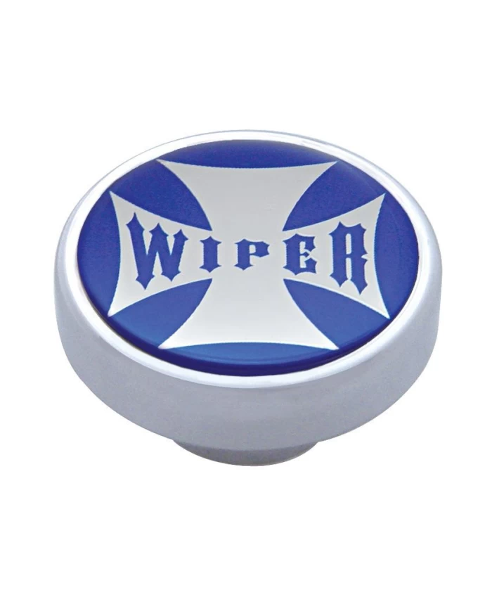 (CARD) CHROME DASH KNOB W/ GLOSSY "WIPER" MALTESE CROSS STICKER - BLUE