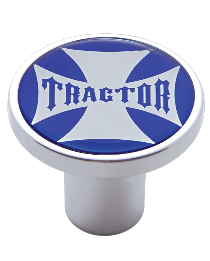(CARD) CHROME AIR VALVE KNOB W/ GLOSSY "TRACTOR" MALTESE CROSS STICKER - BLUE