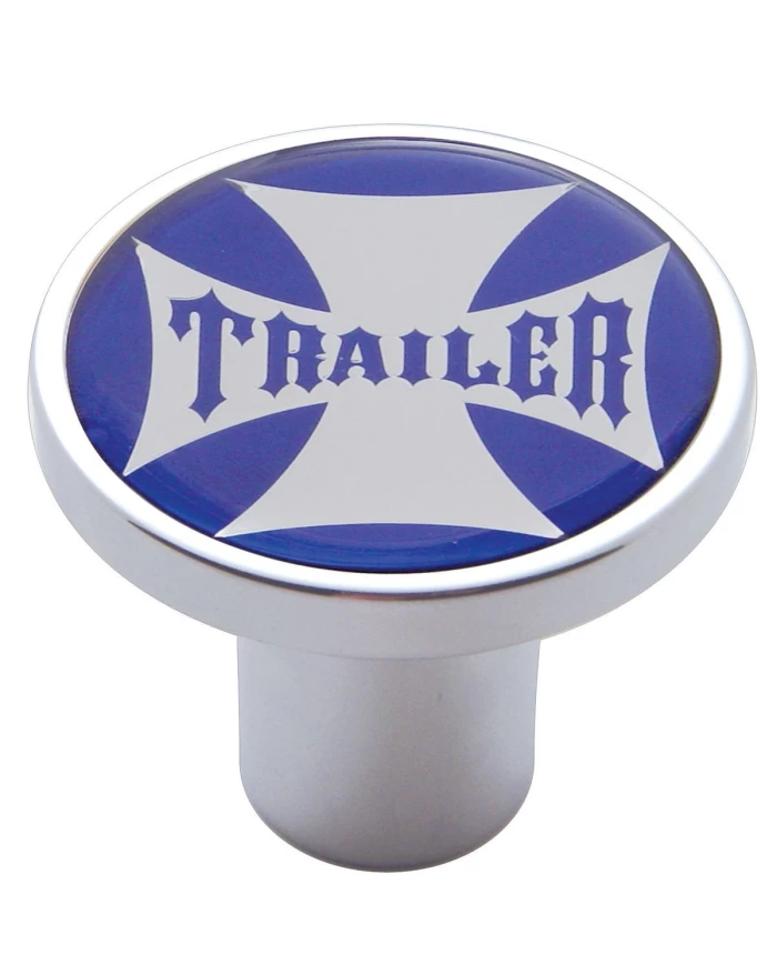 (CARD) CHROME AIR VALVE KNOB W/ GLOSSY "TRAILER" MALTESE CROSS STICKER - BLUE (CARD) CHROME AIR VALVE KNOB W/ GLOSSY "TRAILER" MALTESE CROSS STICKER - BLUE