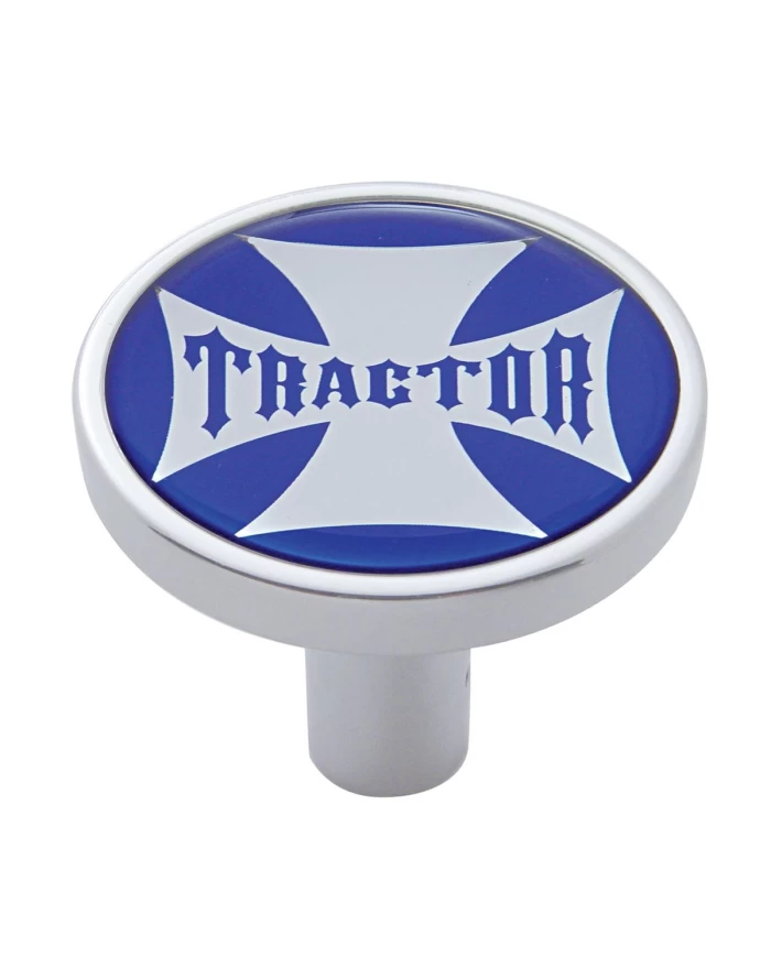 (CARD) CHROME LONG PIN MOUNT AIR VALVE KNOB W/ GLOSSY " TRACTOR" STICKER - BLUE (CARD) CHROME LONG PIN MOUNT AIR VALVE KNOB W/ GLOSSY " TRACTOR" STICKER - BLUE