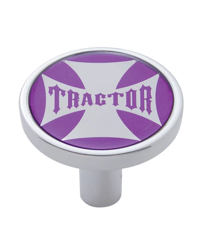 (CARD) CHROME LONG PIN MOUNT AIR VALVE KNOB W/ GLOSSY " TRACTOR" STICKER - PURPLE (CARD) CHROME LONG PIN MOUNT AIR VALVE KNOB W/ GLOSSY " TRACTOR" STICKER - PURPLE