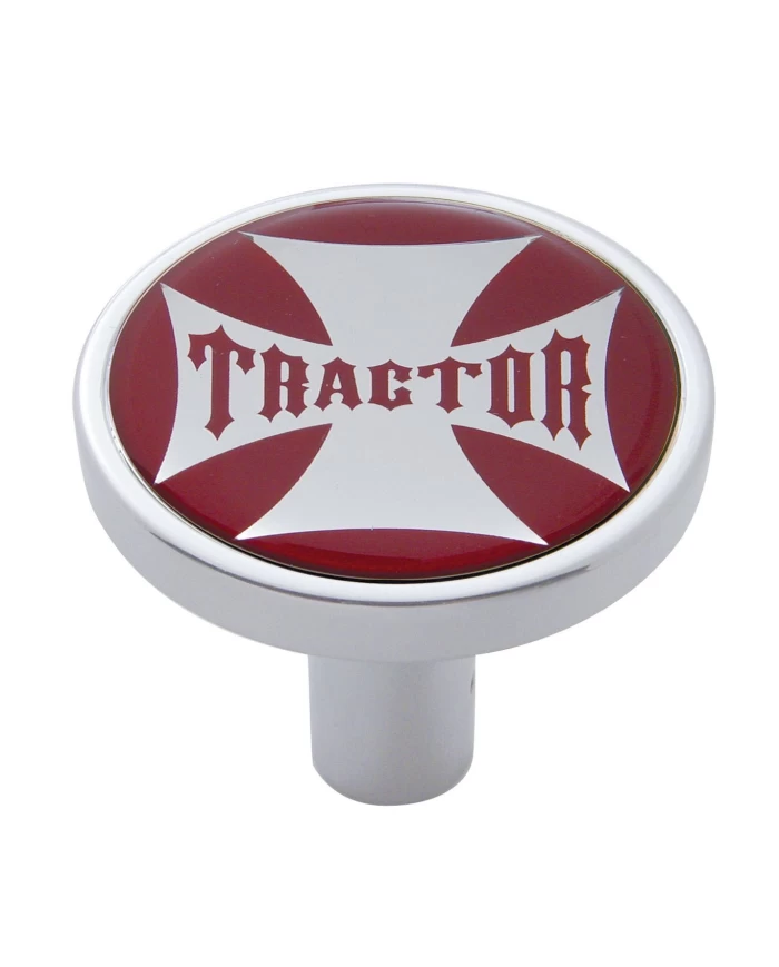 (CARD) CHROME LONG PIN MOUNT AIR VALVE KNOB W/ GLOSSY " TRACTOR" STICKER - RED