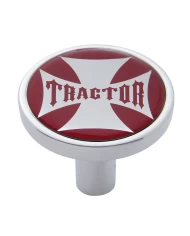 (CARD) CHROME LONG PIN MOUNT AIR VALVE KNOB W/ GLOSSY " TRACTOR" STICKER - RED (CARD) CHROME LONG PIN MOUNT AIR VALVE KNOB W/ GLOSSY " TRACTOR" STICKER - RED