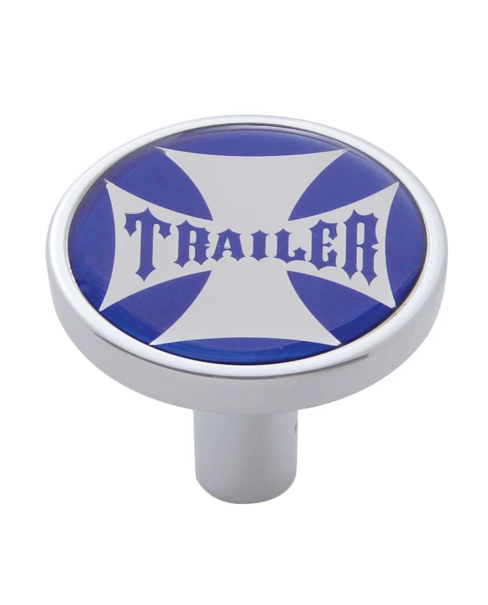 (CARD) CHROME LONG PIN MOUNT AIR VALVE KNOB W/ GLOSSY "TRAILER" STICKER - BLUE