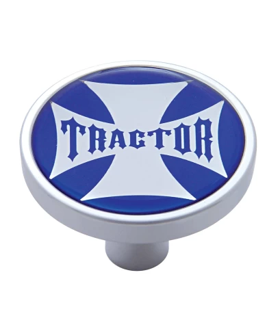 (CARD) CHROME SHORT PIN MOUNT AIR VALVE KNOB W/ GLOSSY "TRACTOR" STICKER - BLUE (CARD) CHROME SHORT PIN MOUNT AIR VALVE KNOB W/ GLOSSY "TRACTOR" STICKER - BLUE