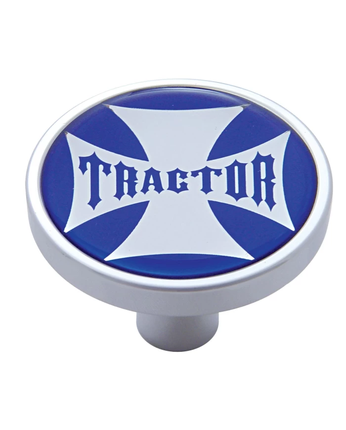 (CARD) CHROME SHORT PIN MOUNT AIR VALVE KNOB W/ GLOSSY "TRACTOR" STICKER - BLUE