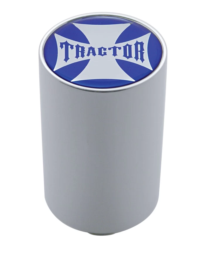 (CARD) CHROME ALUMINUM 3" AIR VALVE KNOB W/ GLOSSY "TRACTOR" CROSS STICKER - BLUE