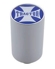 (CARD) CHROME ALUMINUM 3" AIR VALVE KNOB W/ GLOSSY "TRACTOR" CROSS STICKER - BLUE