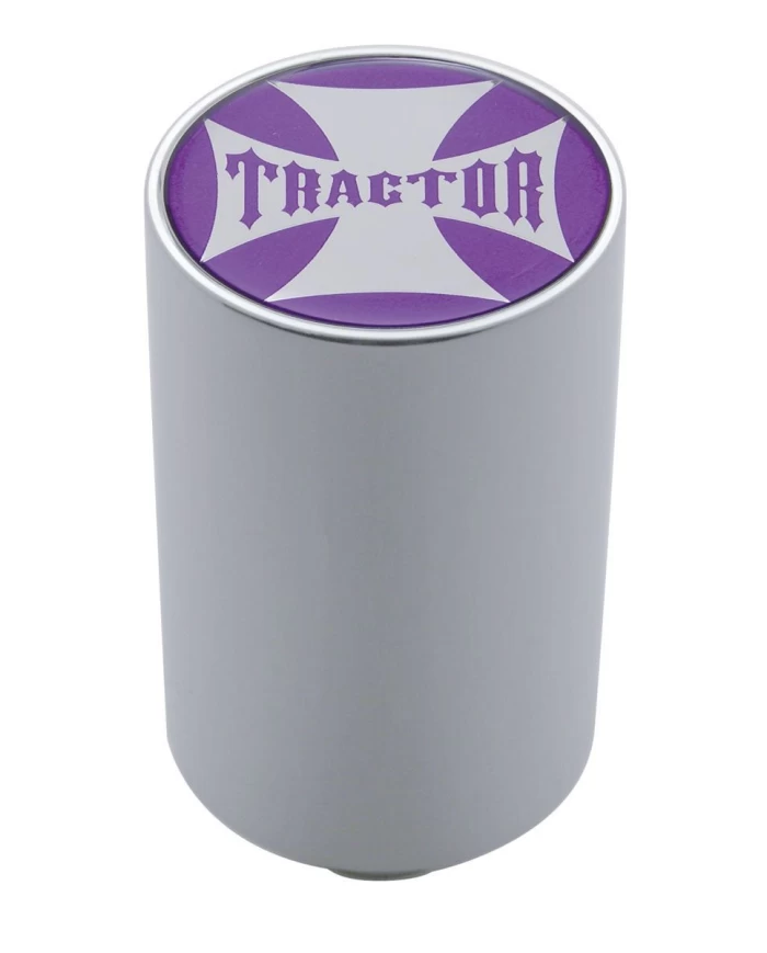 (CARD) CHROME ALUMINUM 3" AIR VALVE KNOB W/ GLOSSY "TRACTOR" CROSS STICKER - PURPLE