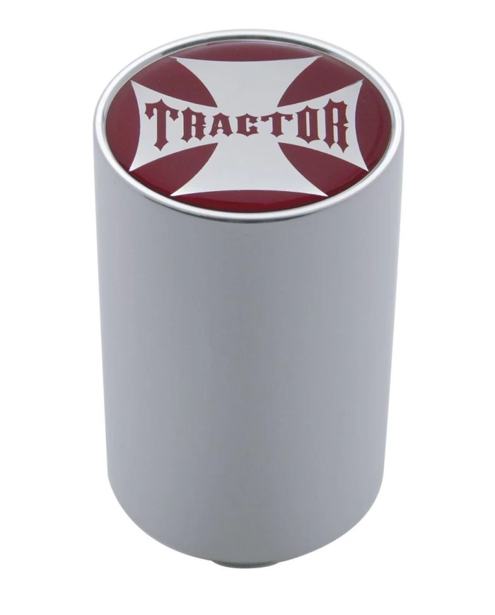 (CARD) CHROME ALUMINUM 3" AIR VALVE KNOB W/ GLOSSY "TRACTOR" CROSS STICKER - RED