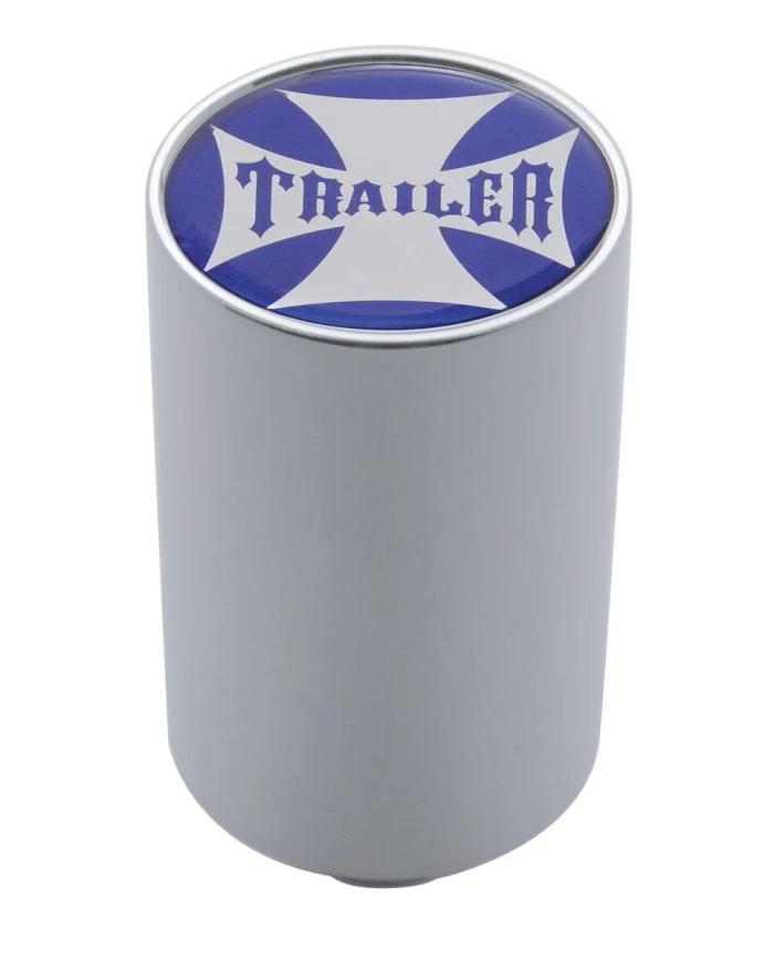 (CARD) CHROME ALUMINUM 3" AIR VALVE KNOB W/ GLOSSY "TRAILER" CROSS STICKER - BLUE