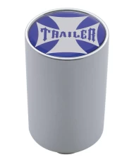 (CARD) CHROME ALUMINUM 3" AIR VALVE KNOB W/ GLOSSY "TRAILER" CROSS STICKER - BLUE