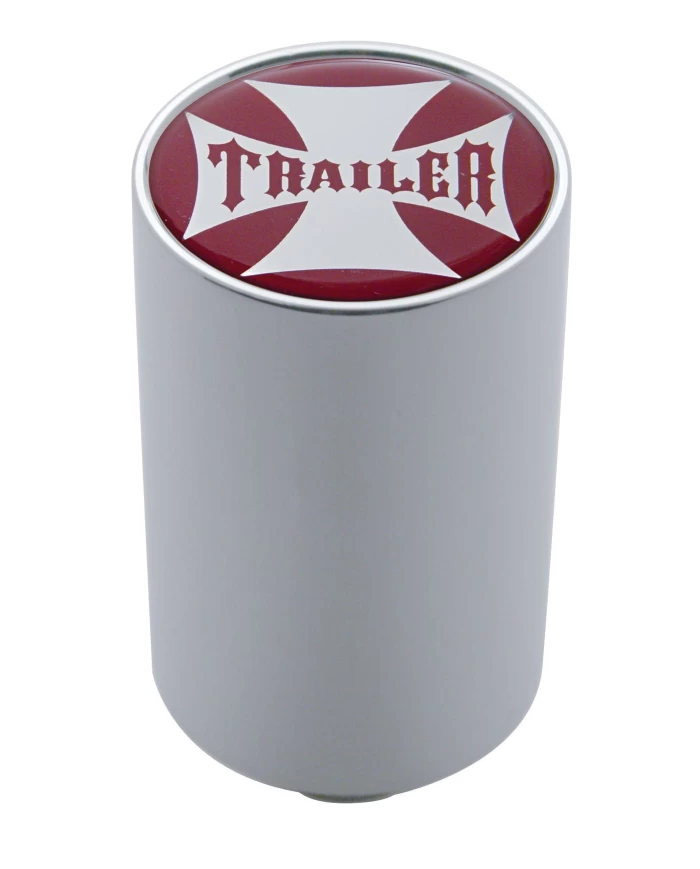 (CARD) CHROME ALUMINUM 3" AIR VALVE KNOB W/ GLOSSY "TRAILER" CROSS STICKER - RED