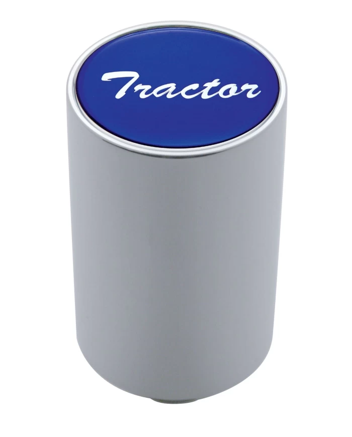 (CARD) CHROME ALUMINUM 3" AIR VALVE KNOB W/ GLOSSY "TRACTOR" STICKER - BLUE