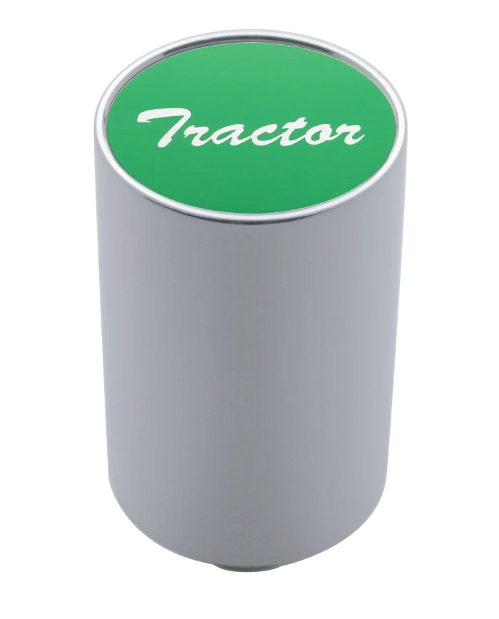 (CARD) CHROME ALUMINUM 3" AIR VALVE KNOB W/ ALUMINUM "TRACTOR" STICKER - GREEN