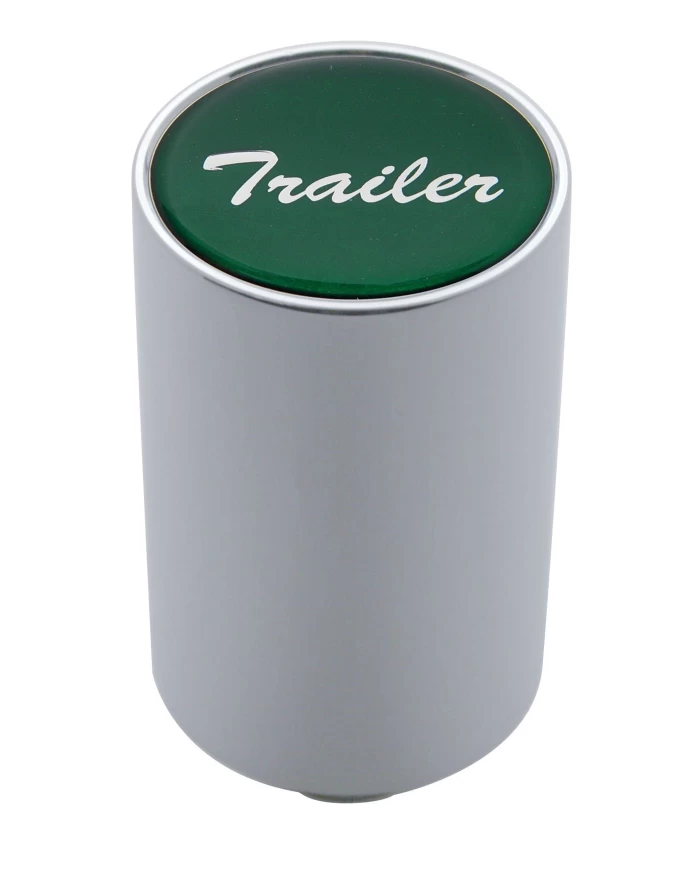 (CARD) CHROME ALUMINUM 3" AIR VALVE KNOB W/ ALUMINUM "TRAILER" STICKER - GREEN (CARD) CHROME ALUMINUM 3" AIR VALVE KNOB W/ ALUMINUM "TRAILER" STICKER - GREEN