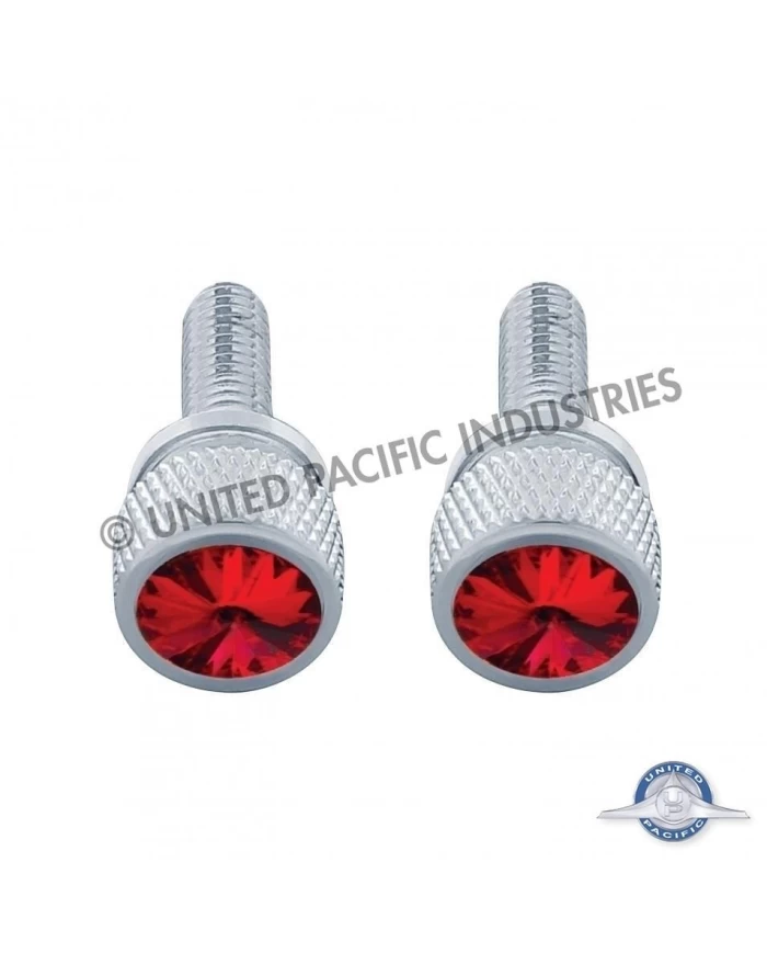 (2/CARD) CHROME KENWORTH DASH SHORT SCREWS W/ DIAMOND - RED (2/CARD) CHROME KENWORTH DASH SHORT SCREWS W/ DIAMOND - RED