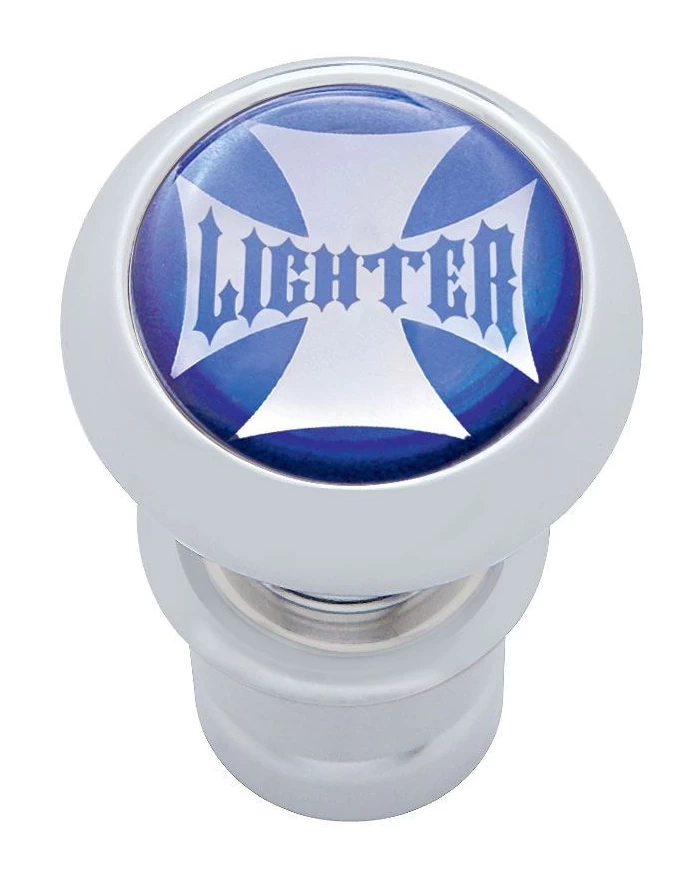 (CARD) CHROME ALUMINUM DELUXE CIGARETTE LIGHTER W/ GLOSSY "LIGHTER" MALTESE CROSS STICKER - BLUE (CARD) CHROME ALUMINUM DELUXE CIGARETTE LIGHTER W/ GLOSSY "LIGHTER" MALTESE CROSS STICKER - BLUE