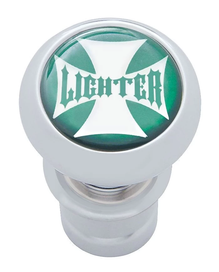 (CARD) CHROME ALUMINUM DELUXE CIGARETTE LIGHTER W/ GLOSSY "LIGHTER" MALTESE CROSS STICKER - GREEN (CARD) CHROME ALUMINUM DELUXE CIGARETTE LIGHTER W/ GLOSSY "LIGHTER" MALTESE CROSS STICKER - GREEN