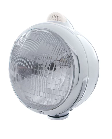 (BOX) STAINLESS STEEL "GUIDE" PETERBILT H6024 HALOGEN HEADLIGHT W/ 5 AMBER LED TOP MOUNT LIGHT - CLEAR LENS (BOX) STAINLESS STEEL "GUIDE" PETERBILT H6024 HALOGEN HEADLIGHT W/ 5 AMBER LED TOP MOUNT LIGHT - CLEAR LENS