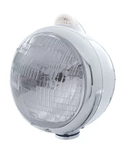 (BOX) STAINLESS STEEL "GUIDE" PETERBILT H6024 HALOGEN HEADLIGHT W/ 5 AMBER LED TOP MOUNT LIGHT - CLEAR LENS