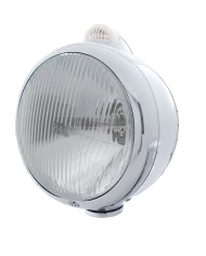 (BOX) STAINLESS STEEL "GUIDE" PETERBILT H4 HALOGEN HEADLIGHT W/ 5 AMBER LED TOP MOUNT LIGHT - CLEAR LENS