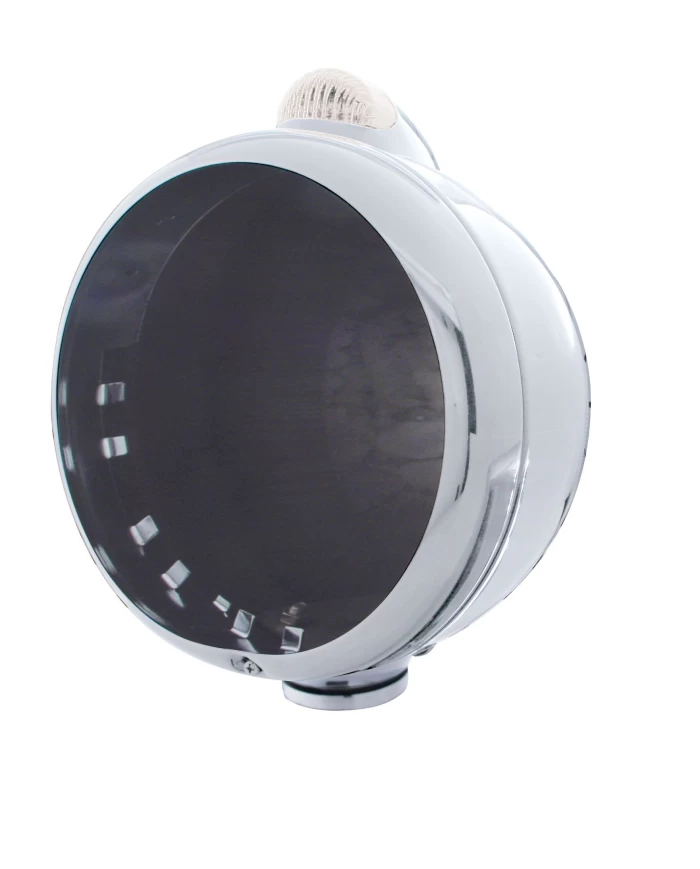 (BOX) CHROME "GUIDE" PETERBILT HEADLIGHT W/ 5 AMBER LED TOP MOUNT LIGHT - CLEAR LENS (BOX) CHROME "GUIDE" PETERBILT HEADLIGHT W/ 5 AMBER LED TOP MOUNT LIGHT - CLEAR LENS