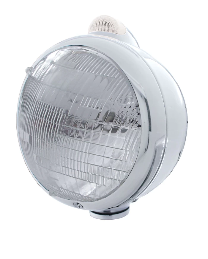 (BOX) CHROME "GUIDE" PETERBILT 6014 SEALED BEAM HEADLIGHT W/ 5 AMBER LED TOP MOUNT LIGHT - CLEAR LENS