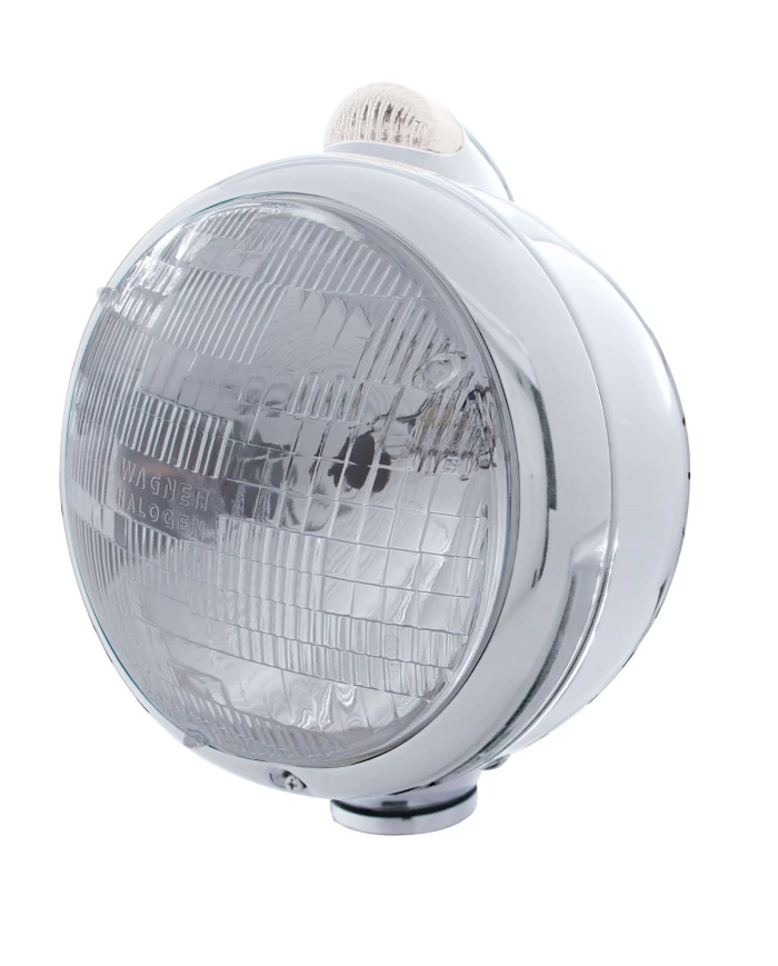 (BOX) CHROME "GUIDE" PETERBILT H6024 HALOGEN HEADLIGHT W/ 5 AMBER LED TOP MOUNT LIGHT - CLEAR LENS (BOX) CHROME "GUIDE" PETERBILT H6024 HALOGEN HEADLIGHT W/ 5 AMBER LED TOP MOUNT LIGHT - CLEAR LENS