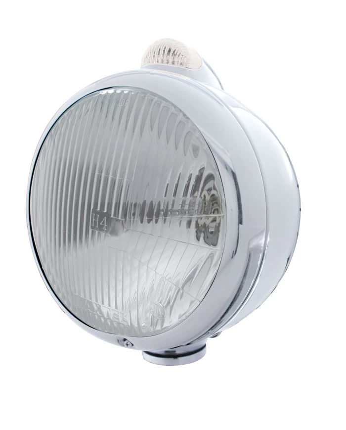 (BOX) CHROME "GUIDE" PETERBILT H4 HALOGEN HEADLIGHT W/ 5 AMBER LED TOP MOUNT LIGHT - CLEAR LENS (BOX) CHROME "GUIDE" PETERBILT H4 HALOGEN HEADLIGHT W/ 5 AMBER LED TOP MOUNT LIGHT - CLEAR LENS