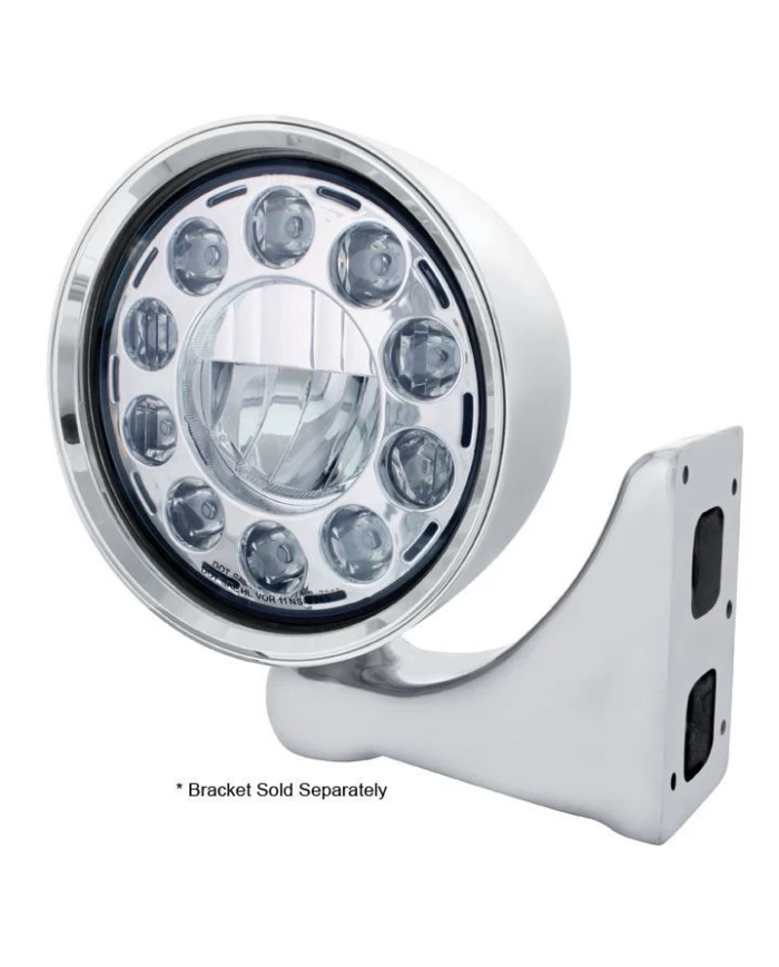 (BOX) CHROME ALUMINUM 7" BILLET STYLE "CHOPPER" MOTOR VEHICLE/TRUCK MOUNT HEADLIGHT WITH SMOOTH VISOR - 11 HIGH POWER CRYSTAL