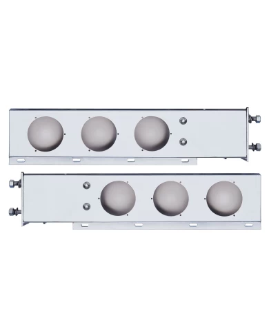 (2/BULK) CHROME SPRING LOADED REAR LIGHT BAR W/ SIX 4" ROUND LIGHT CUTOUTS - 3 3/4" BOLT PATTERN (2/BULK) CHROME SPRING LOADED REAR LIGHT BAR W/ SIX 4" ROUND LIGHT CUTOUTS - 3 3/4" BOLT PATTERN