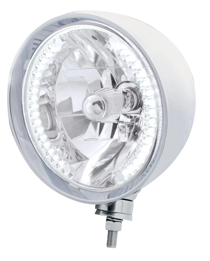 (BOX) S.S. MOTORCYCLE "REBEL" HEADLIGHT W/ 7" ROUND HEADLIGHT BULB - 34 WHITE LED CRYSTAL HALOGEN