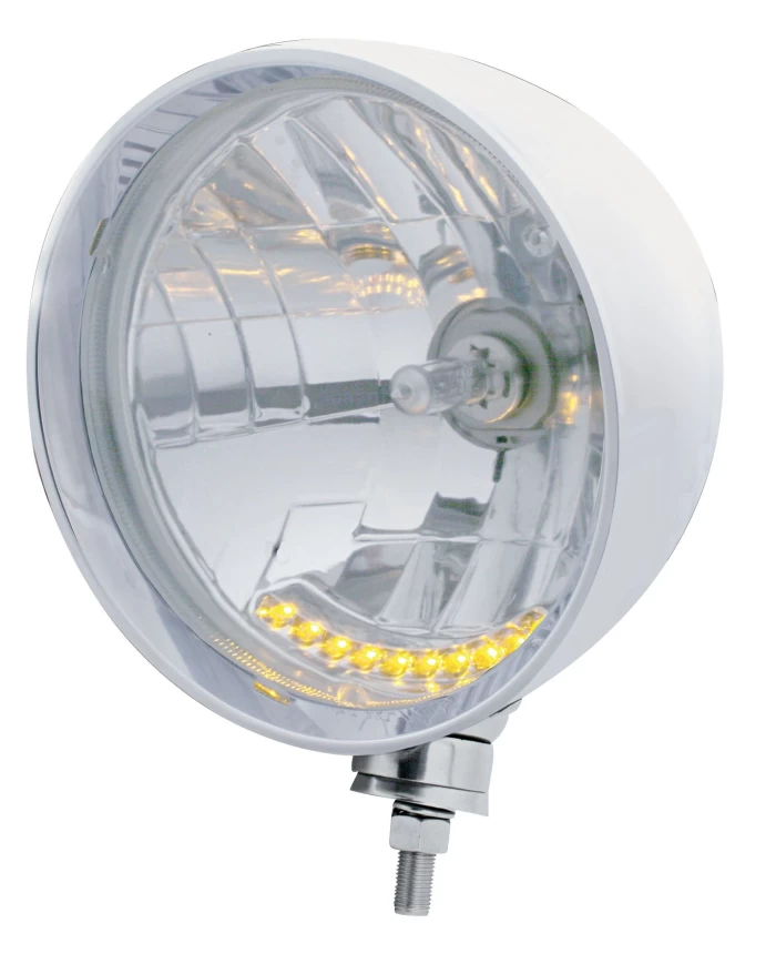 (BOX) STANLESS STEEL 7" "REBEL" HEADLIGHT WITH 10 AMBER LED CRYSTAL HALOGEN HEADLIGHT BULB (BOX) STANLESS STEEL 7" "REBEL" HEADLIGHT WITH 10 AMBER LED CRYSTAL HALOGEN HEADLIGHT BULB