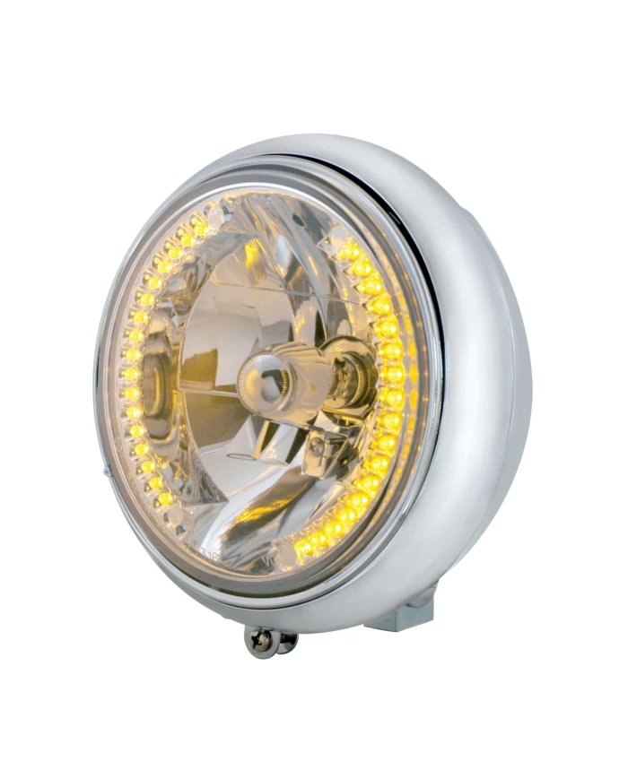 (BOX) CHROME 7" MOTORCYCLE GROOVED HEADLIGHT - WITH 34 AMBER LED BULB