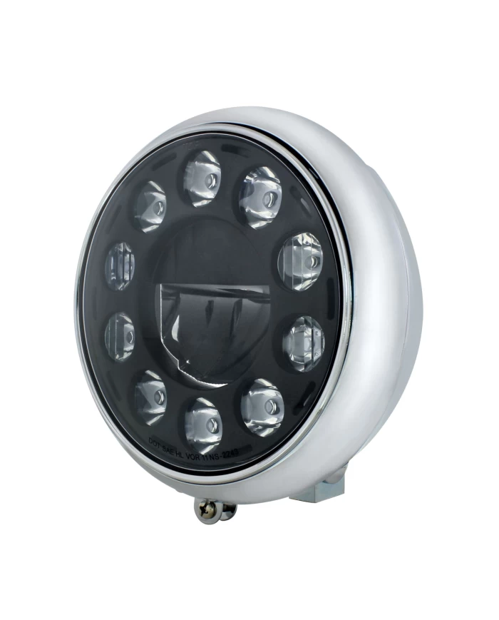 (BOX) CHROME 7" MOTORCYCLE GROOVED HEADLIGHT - WITH BLACKOUT 11 LED BULB (BOX) CHROME 7" MOTORCYCLE GROOVED HEADLIGHT - WITH BLACKOUT 11 LED BULB
