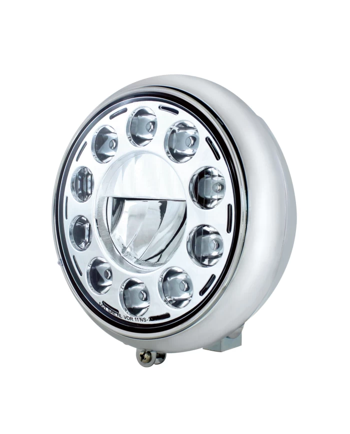 (BOX) CHROME 7" MOTORCYCLE GROOVED HEADLIGHT - WITH CHROME 11 LED BULB (BOX) CHROME 7" MOTORCYCLE GROOVED HEADLIGHT - WITH CHROME 11 LED BULB