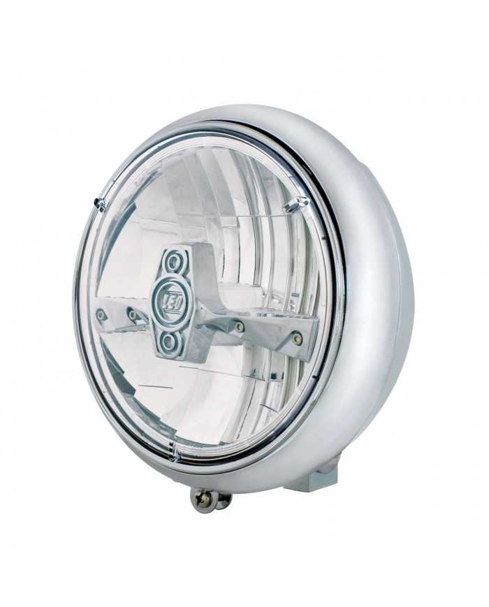 (BOX) CHROME 7" MOTORCYCLE GROOVED HEADLIGHT - WITH CHROME LED BULB (BOX) CHROME 7" MOTORCYCLE GROOVED HEADLIGHT - WITH CHROME LED BULB