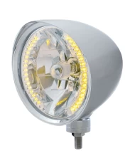 (BOX) CHROME ALUMINUM 7" BILLET STYLE "CHOPPER" MOTOR VEHICLE/TRUCK MOUNT HEADLIGHT WITH SMOOTH VISOR - 34 AMBER AUXILIARY LED