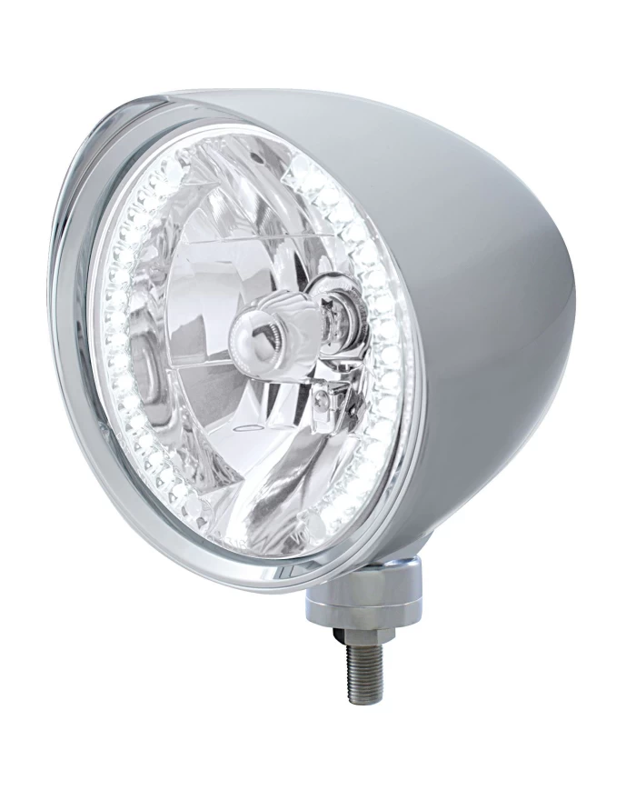 (BOX) CHROME ALUMINUM 7" BILLET STYLE "CHOPPER" MOTOR VEHICLE/TRUCK MOUNT HEADLIGHT WITH SMOOTH VISOR - 34 WHITE AUXILIARY LED